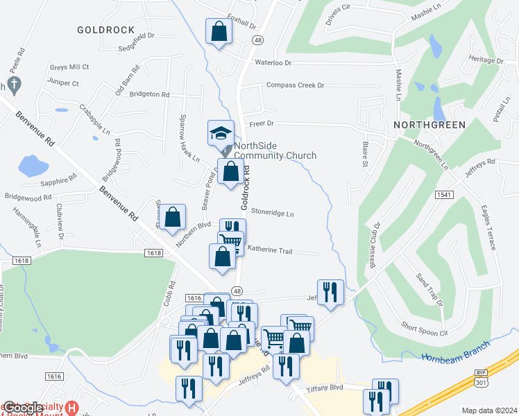 map of restaurants, bars, coffee shops, grocery stores, and more near 1236 Stoneridge Lane in Rocky Mount
