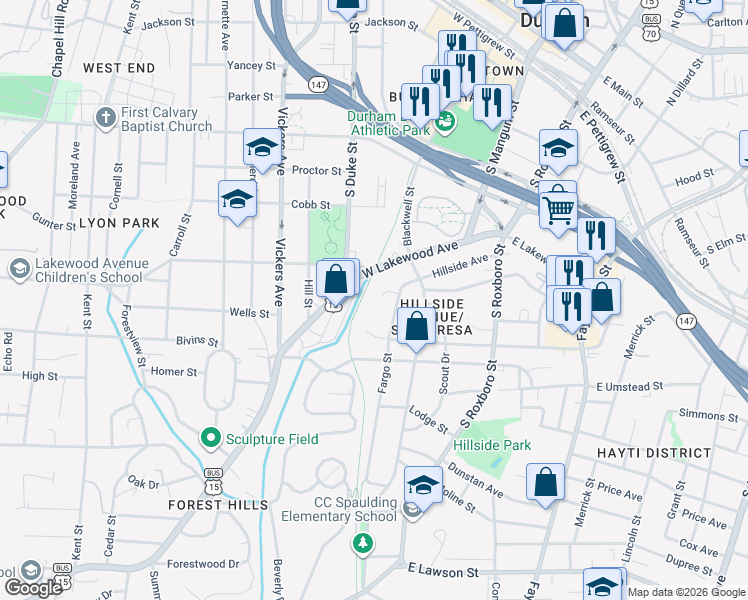 map of restaurants, bars, coffee shops, grocery stores, and more near 800 Fargo Street in Durham