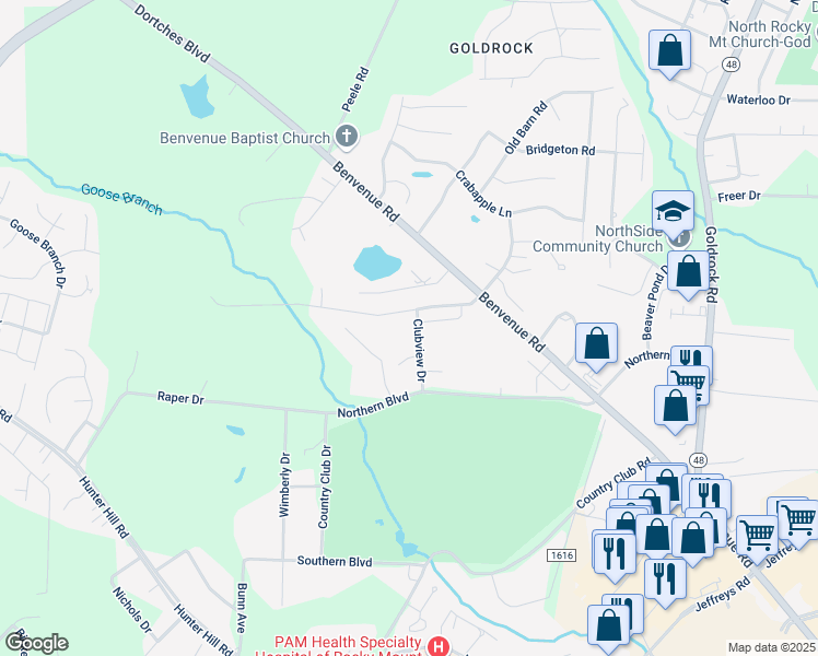 map of restaurants, bars, coffee shops, grocery stores, and more near 1412 Clubview Drive in Rocky Mount