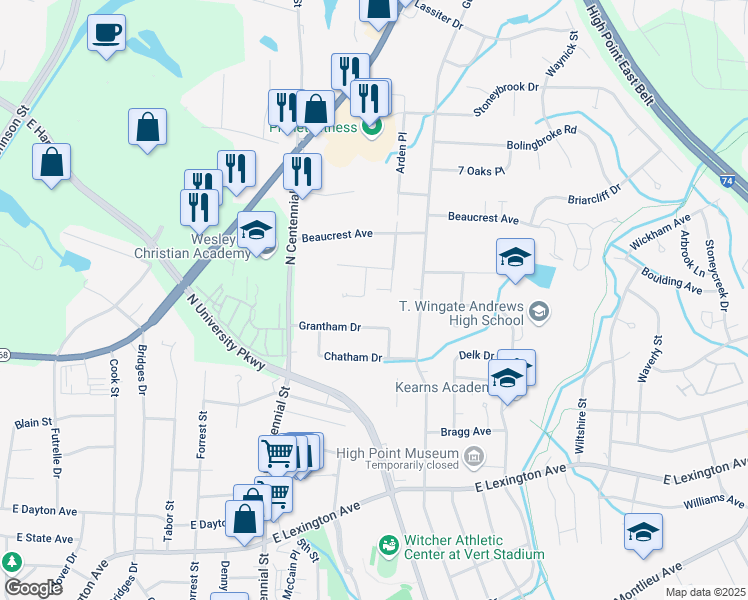 map of restaurants, bars, coffee shops, grocery stores, and more near 1803 Arden Place in High Point