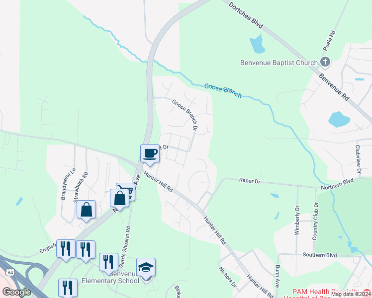 map of restaurants, bars, coffee shops, grocery stores, and more near 2200 Hurt Drive in Rocky Mount