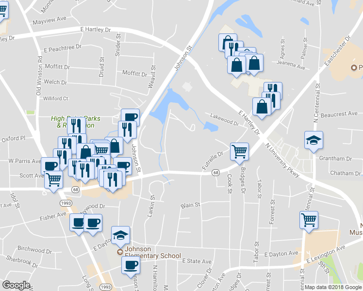 map of restaurants, bars, coffee shops, grocery stores, and more near 2122 Chester Ridge Drive in High Point