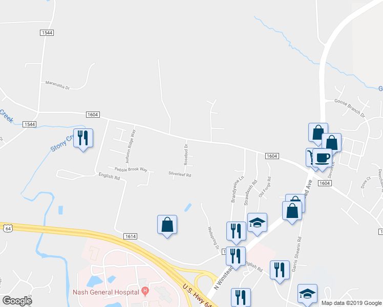map of restaurants, bars, coffee shops, grocery stores, and more near 7204 Longleaf Road in Rocky Mount