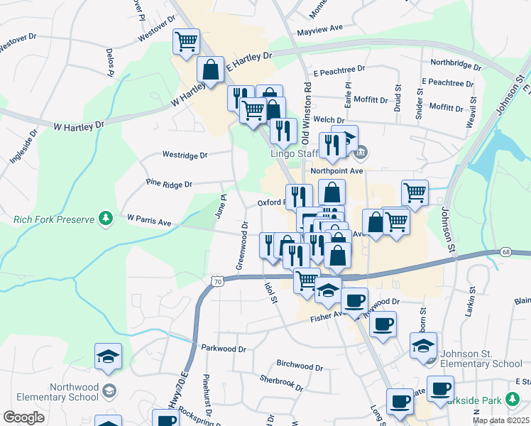 map of restaurants, bars, coffee shops, grocery stores, and more near 101 Oxford Place in High Point