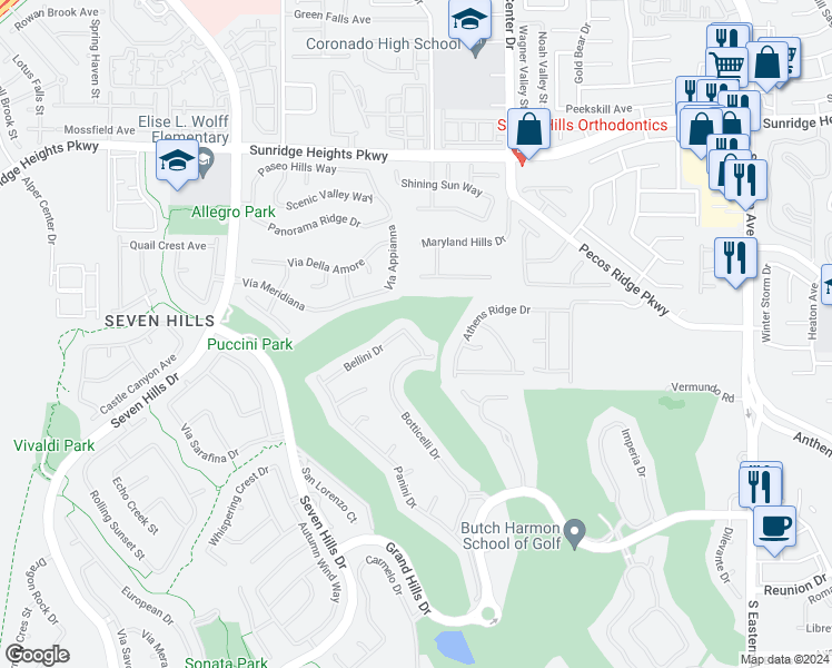 map of restaurants, bars, coffee shops, grocery stores, and more near 1208 Martini Drive in Henderson