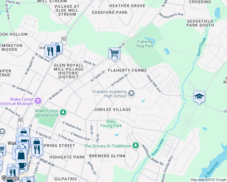 map of restaurants, bars, coffee shops, grocery stores, and more near 834 North Franklin Street in Wake Forest
