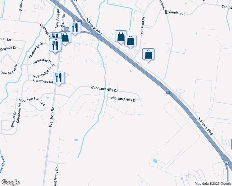 map of restaurants, bars, coffee shops, grocery stores, and more near 988 Trail Ridge Circle in La Vergne
