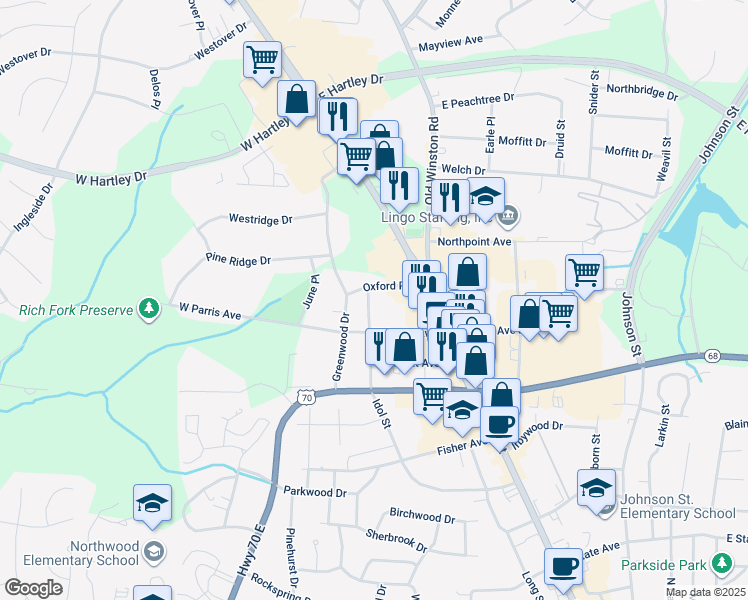 map of restaurants, bars, coffee shops, grocery stores, and more near 101 Oxford Place in High Point