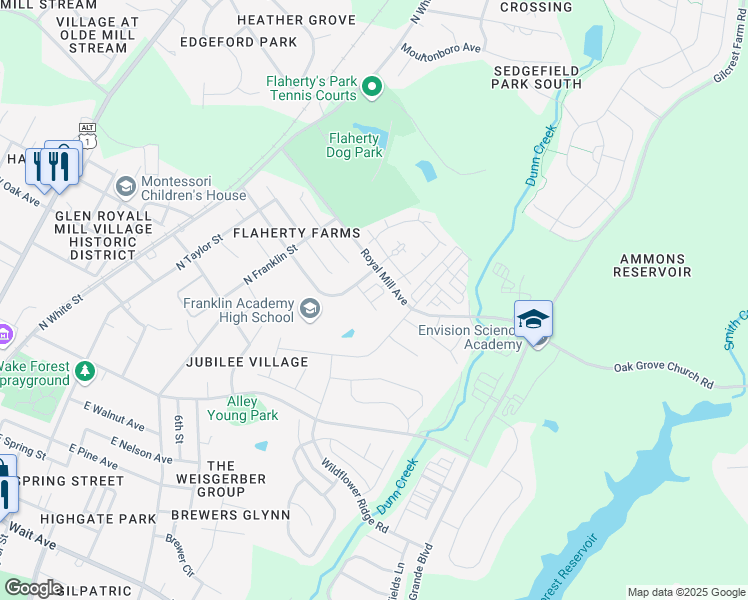 map of restaurants, bars, coffee shops, grocery stores, and more near 649 Flaherty Avenue in Wake Forest