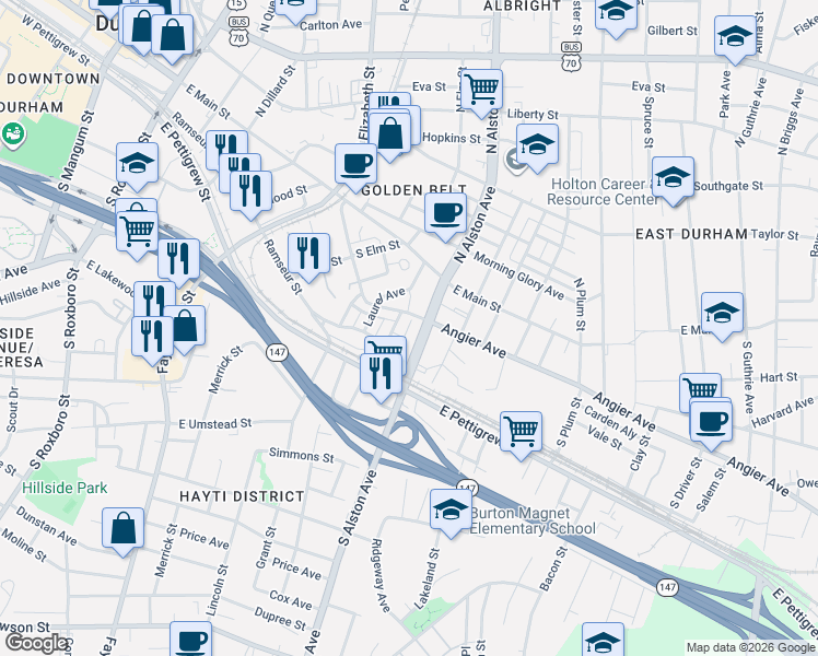 map of restaurants, bars, coffee shops, grocery stores, and more near 1033 Angier Avenue in Durham