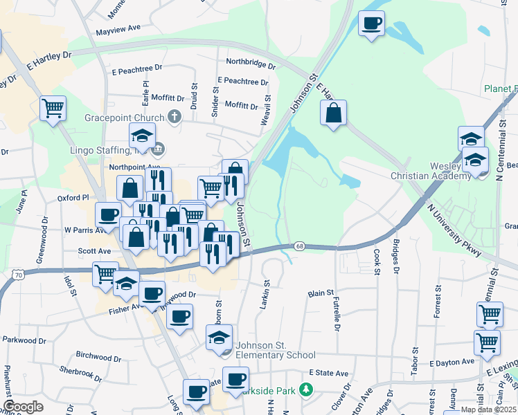 map of restaurants, bars, coffee shops, grocery stores, and more near 295 East Parris Avenue in High Point