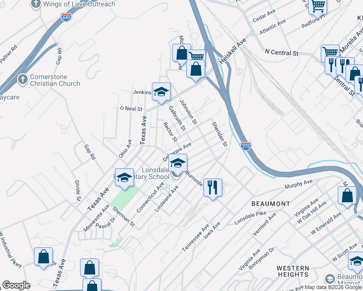 map of restaurants, bars, coffee shops, grocery stores, and more near 3004 Rector Street in Knoxville