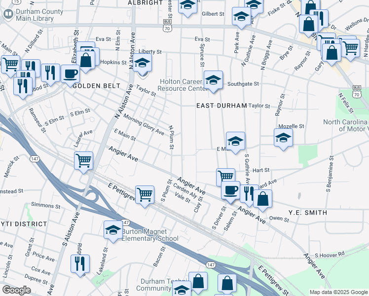map of restaurants, bars, coffee shops, grocery stores, and more near 106 North Hyde Park Avenue in Durham