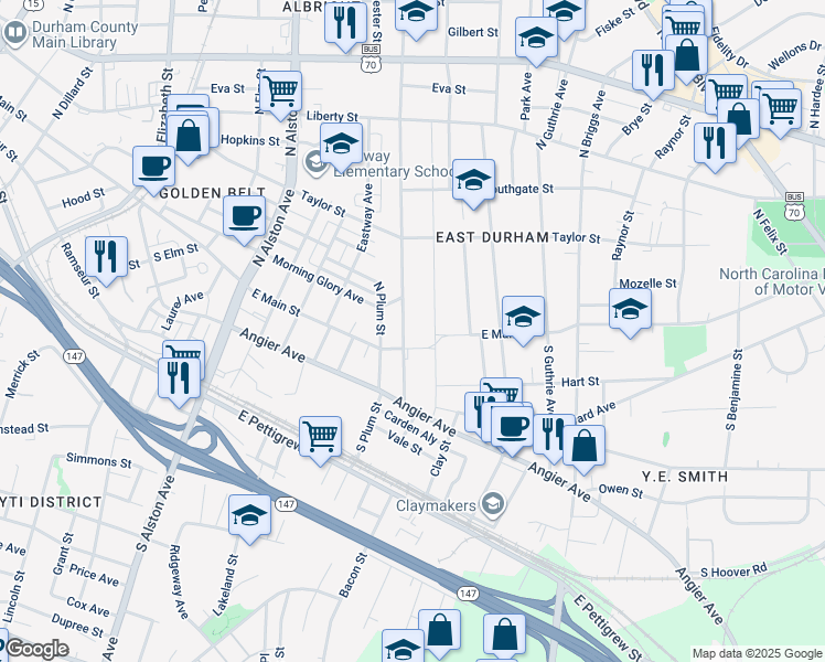 map of restaurants, bars, coffee shops, grocery stores, and more near 106 North Hyde Park Avenue in Durham