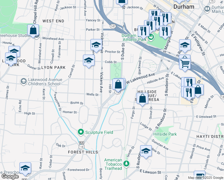 map of restaurants, bars, coffee shops, grocery stores, and more near 1305 Hill Street in Durham