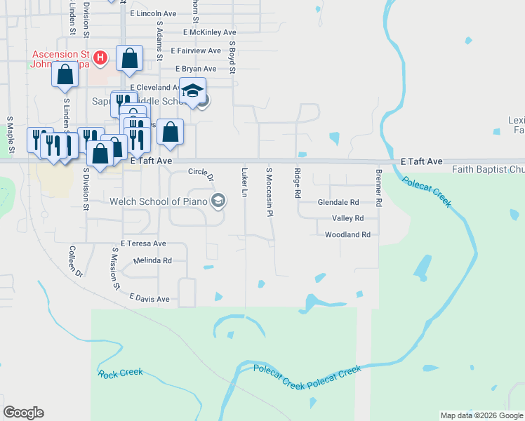 map of restaurants, bars, coffee shops, grocery stores, and more near 916 South Moccasin Place in Sapulpa
