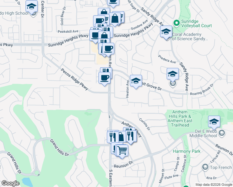map of restaurants, bars, coffee shops, grocery stores, and more near 1126 Winter Storm Drive in Henderson