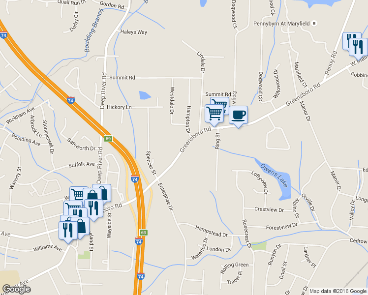 map of restaurants, bars, coffee shops, grocery stores, and more near Greensboro Road in High Point