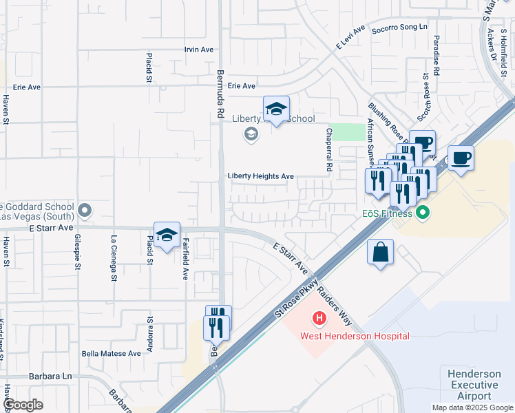 map of restaurants, bars, coffee shops, grocery stores, and more near 3757 Via Geneva in Henderson