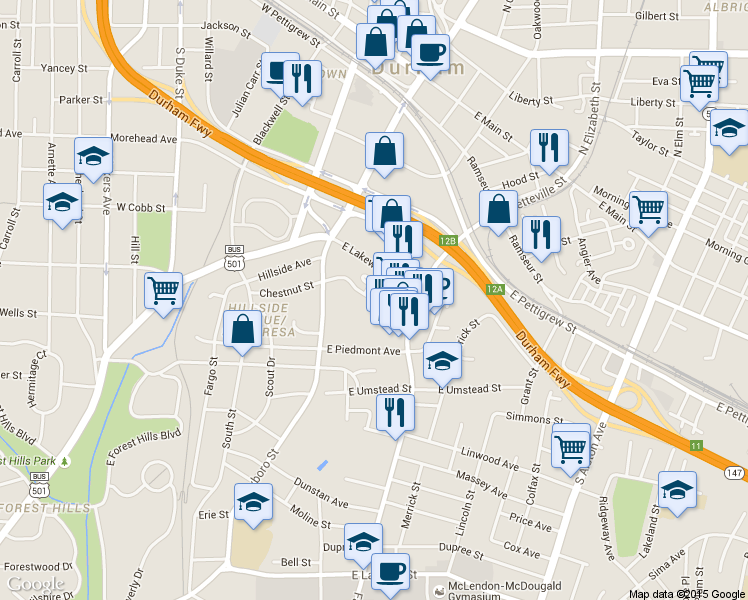 map of restaurants, bars, coffee shops, grocery stores, and more near 103 Memphis Street in Durham