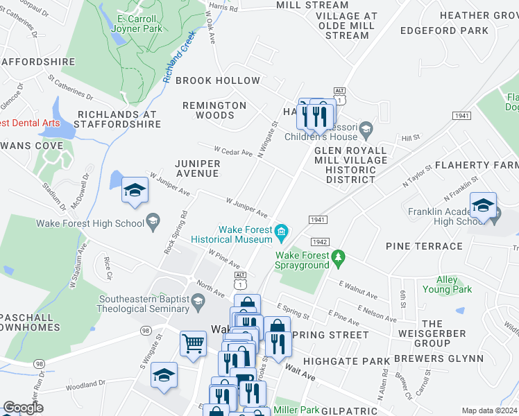 map of restaurants, bars, coffee shops, grocery stores, and more near 520 North College Street in Wake Forest