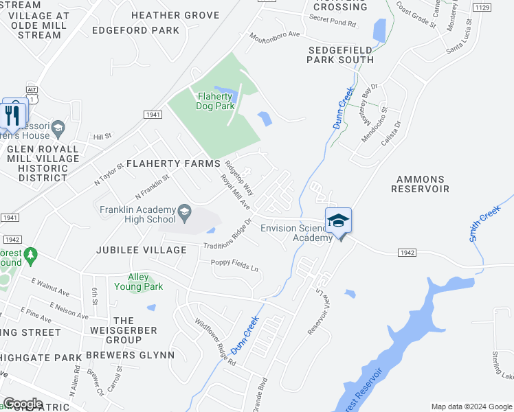 map of restaurants, bars, coffee shops, grocery stores, and more near 1105 Treetop Meadow Lane in Wake Forest