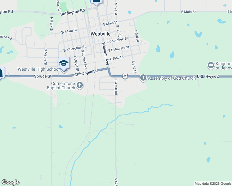 map of restaurants, bars, coffee shops, grocery stores, and more near Piney Road in Westville