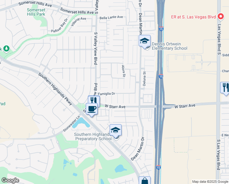 map of restaurants, bars, coffee shops, grocery stores, and more near 3566 Famiglia Drive in Las Vegas