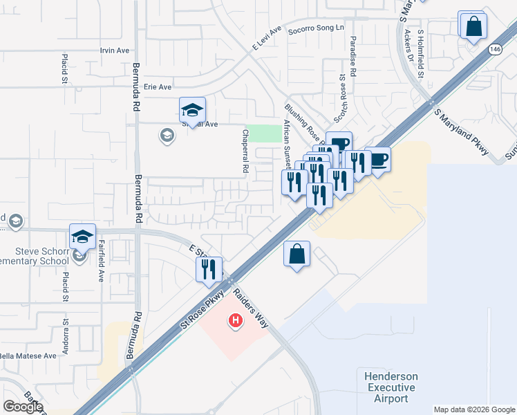 map of restaurants, bars, coffee shops, grocery stores, and more near 1181 Via Angelica in Henderson