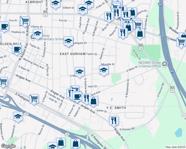 map of restaurants, bars, coffee shops, grocery stores, and more near 106 North Briggs Avenue in Durham