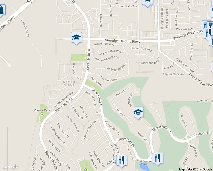 map of restaurants, bars, coffee shops, grocery stores, and more near 3004 Vía Venezia in Henderson