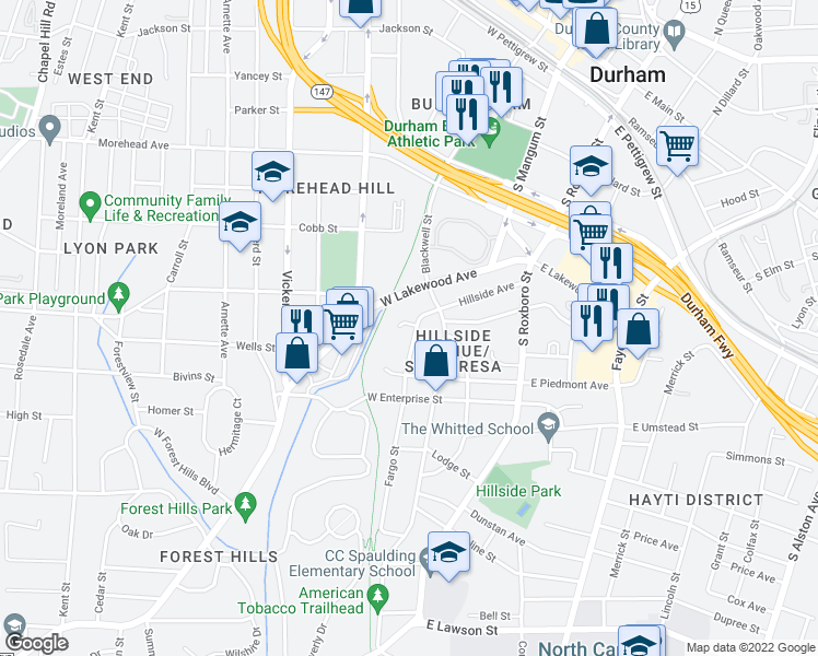 map of restaurants, bars, coffee shops, grocery stores, and more near 800 Fargo Street in Durham