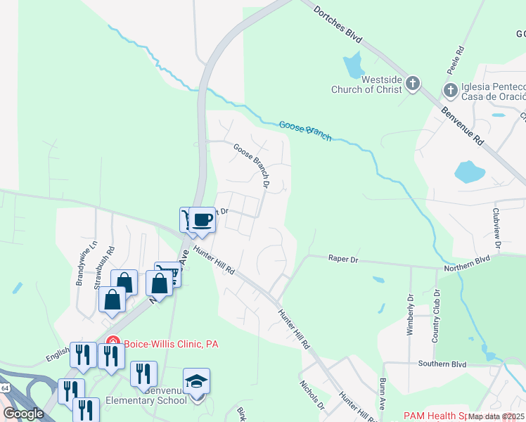 map of restaurants, bars, coffee shops, grocery stores, and more near 2222 Goose Branch Drive in Rocky Mount