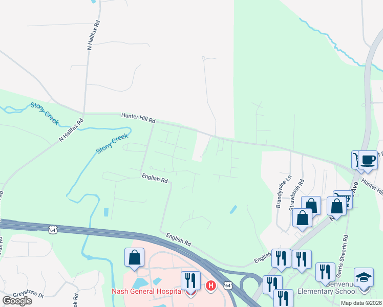 map of restaurants, bars, coffee shops, grocery stores, and more near Autumn Ridge Way in Rocky Mount