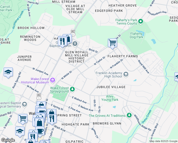 map of restaurants, bars, coffee shops, grocery stores, and more near 638 North Taylor Street in Wake Forest