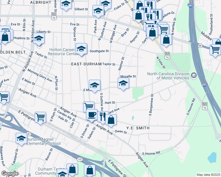 map of restaurants, bars, coffee shops, grocery stores, and more near 106 North Briggs Avenue in Durham