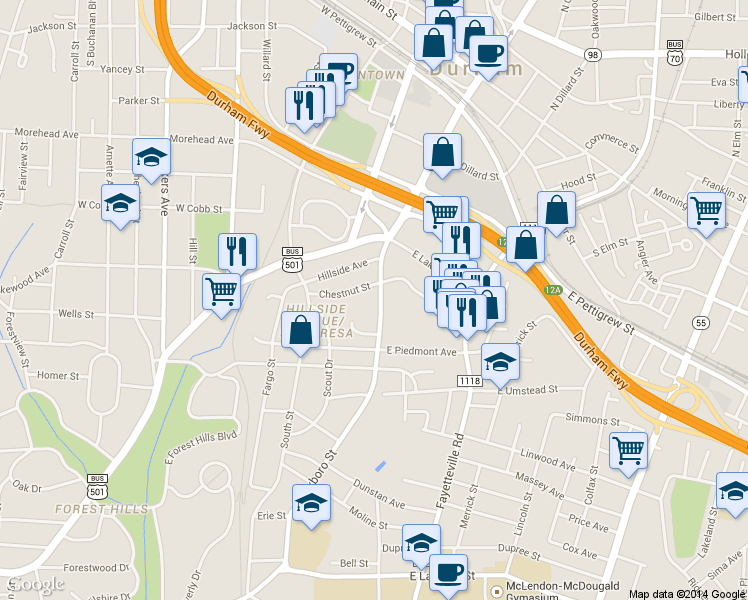 map of restaurants, bars, coffee shops, grocery stores, and more near 800 South Roxboro Street in Durham