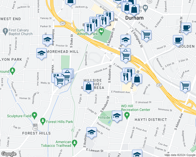 map of restaurants, bars, coffee shops, grocery stores, and more near 120 Chestnut Street in Durham