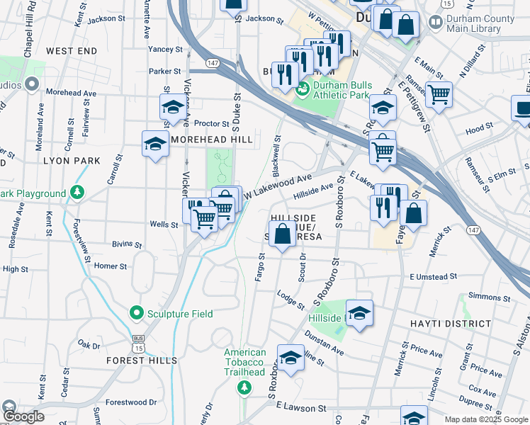 map of restaurants, bars, coffee shops, grocery stores, and more near 800 Fargo Street in Durham