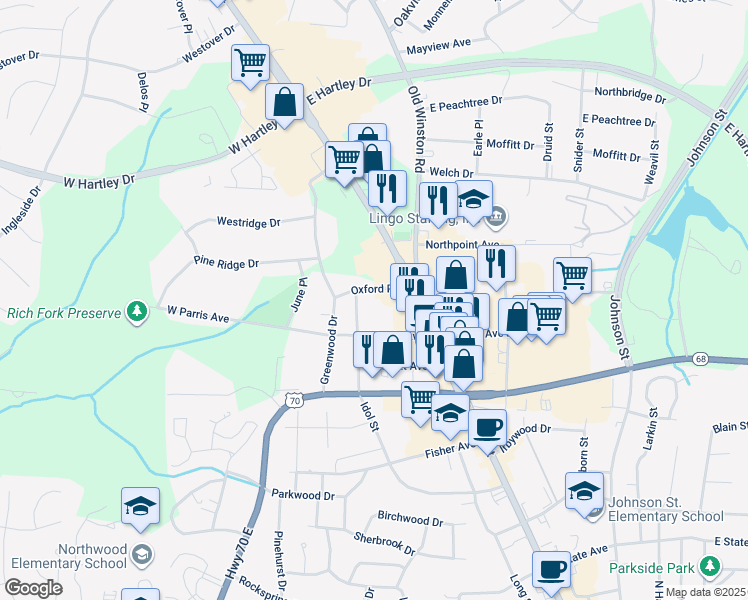map of restaurants, bars, coffee shops, grocery stores, and more near 90 Oxford Place in High Point
