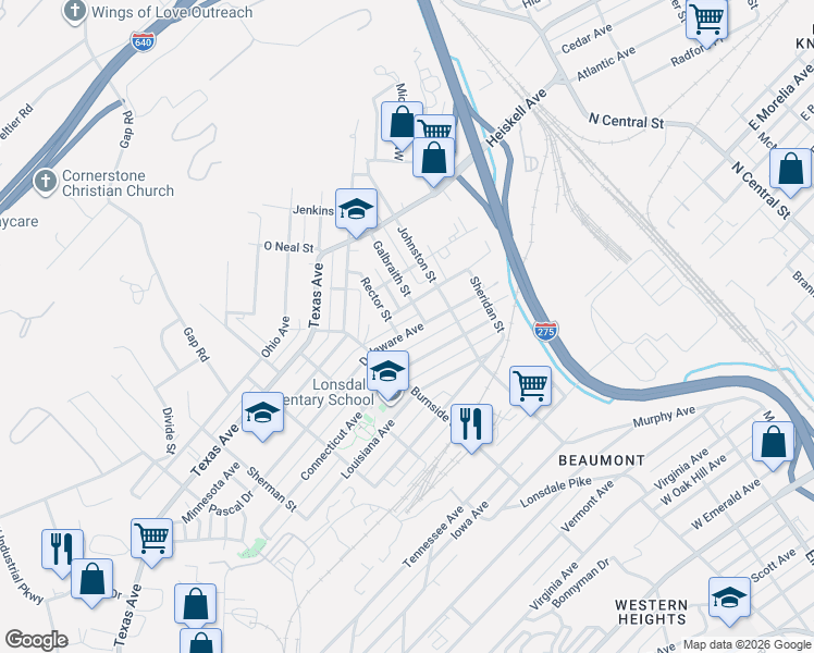map of restaurants, bars, coffee shops, grocery stores, and more near 3004 Rector Street in Knoxville