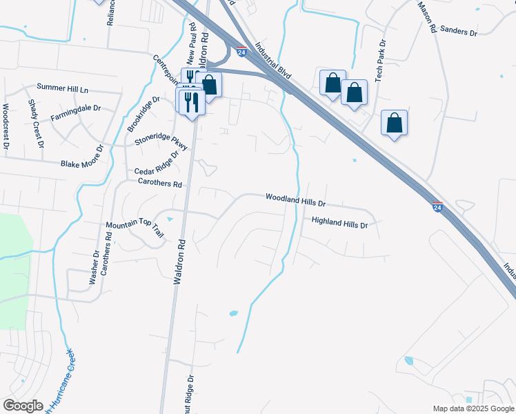map of restaurants, bars, coffee shops, grocery stores, and more near 536 Woodland Hills Drive in La Vergne