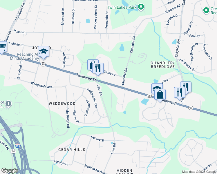 map of restaurants, bars, coffee shops, grocery stores, and more near 3016 Holloway Street in Durham