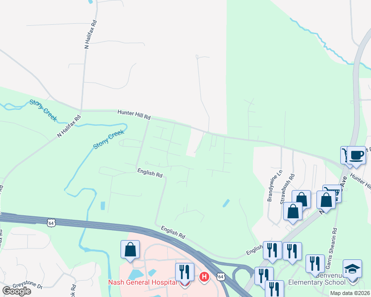 map of restaurants, bars, coffee shops, grocery stores, and more near Autumn Ridge Way in Rocky Mount