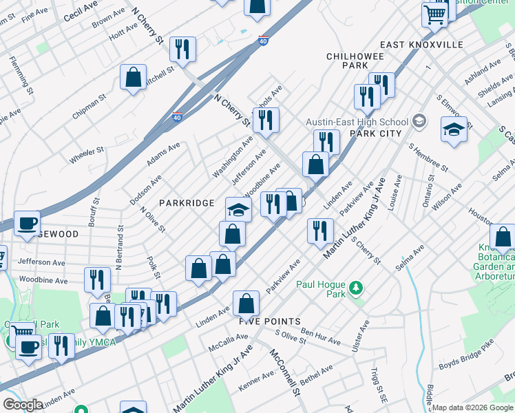 map of restaurants, bars, coffee shops, grocery stores, and more near 522 North Chestnut Street in Knoxville