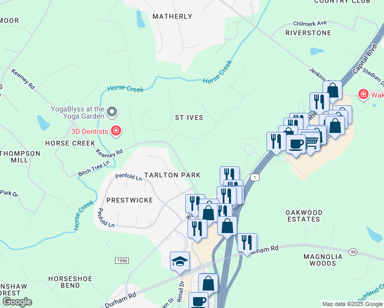 map of restaurants, bars, coffee shops, grocery stores, and more near 1201 Winkworth Way in Wake Forest