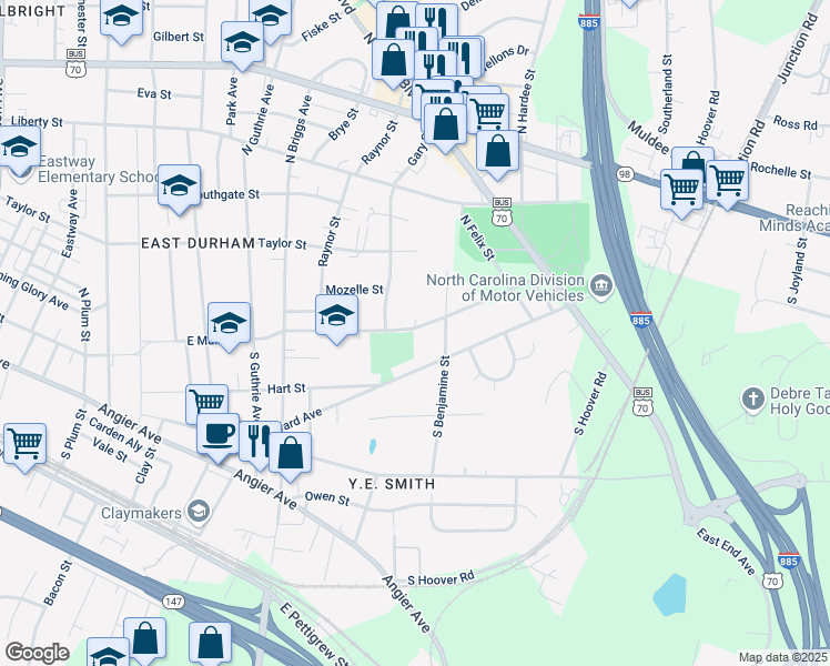 map of restaurants, bars, coffee shops, grocery stores, and more near 2602 East Main Street in Durham