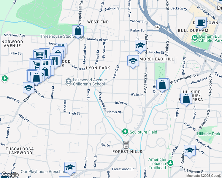 map of restaurants, bars, coffee shops, grocery stores, and more near 1316 Carroll Street in Durham