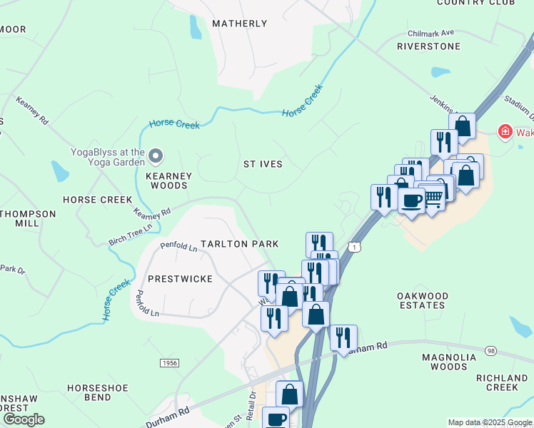 map of restaurants, bars, coffee shops, grocery stores, and more near 1201 Winkworth Way in Wake Forest