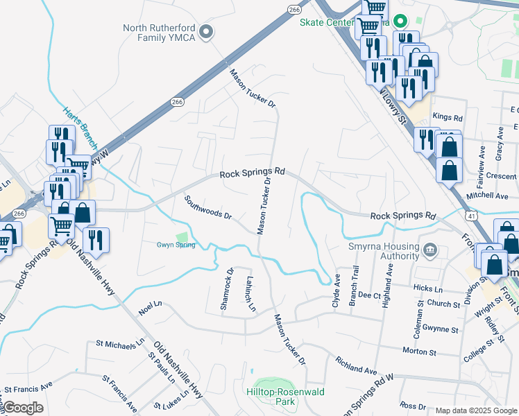 map of restaurants, bars, coffee shops, grocery stores, and more near 717 Mason Tucker Drive in Smyrna